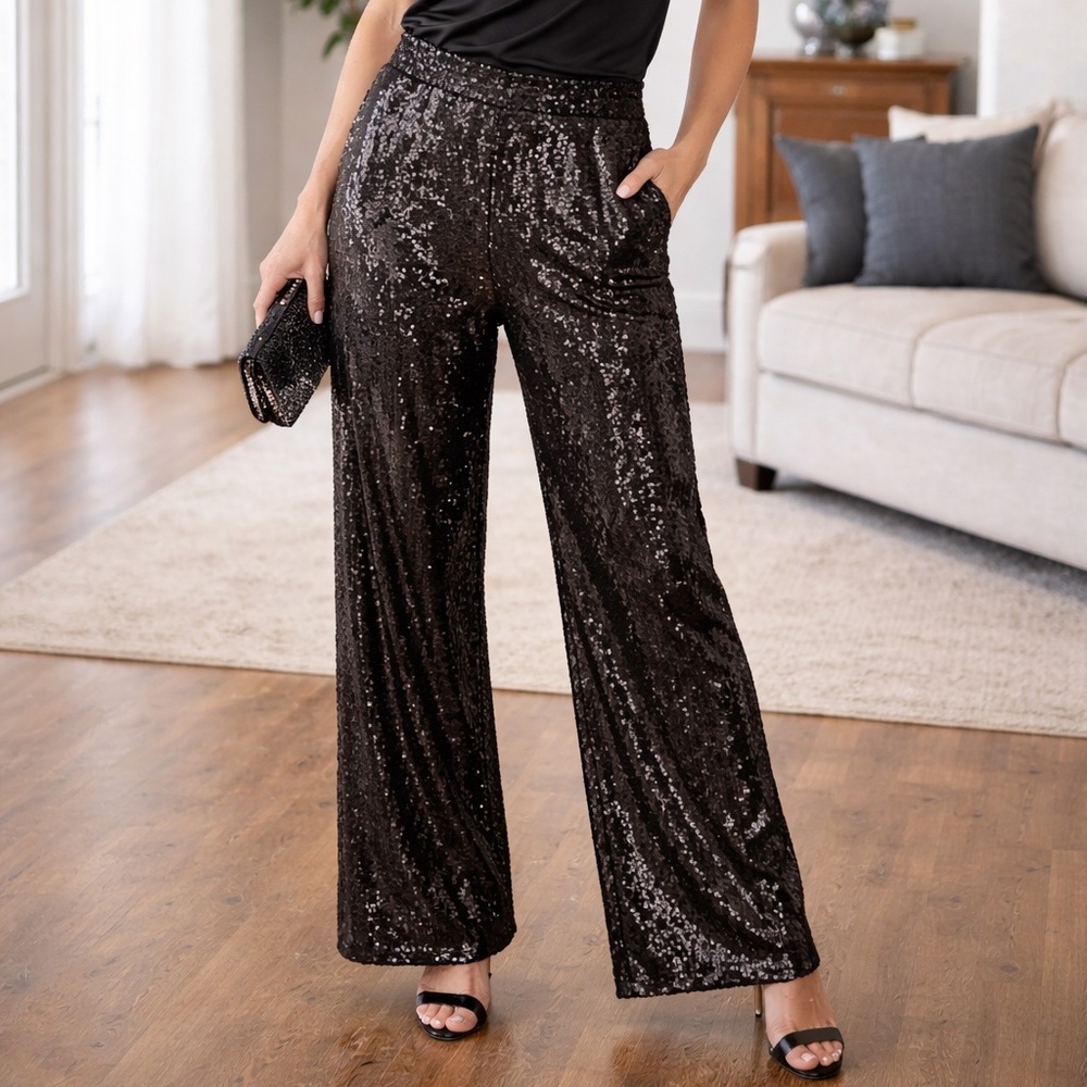 Boston Proper Sequin Pants Size M – Black Lined Evening Glam Statement‎ Pants